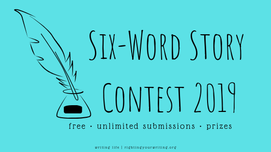 free writing contest: six-word story contest 2019 turquoise graphic with black text; word art and quill pen